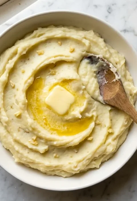 Gordon Ramsay mashed potatoes with melting butter in a white bowl