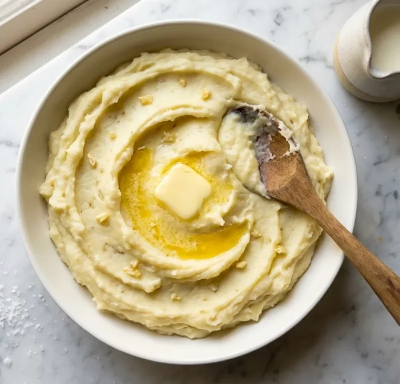 Gordon Ramsay mashed potatoes with melting butter in a white bowl