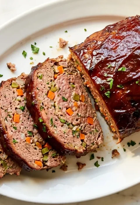 Gordon Ramsay meatloaf sliced with ketchup glaze and mirepoix vegetables