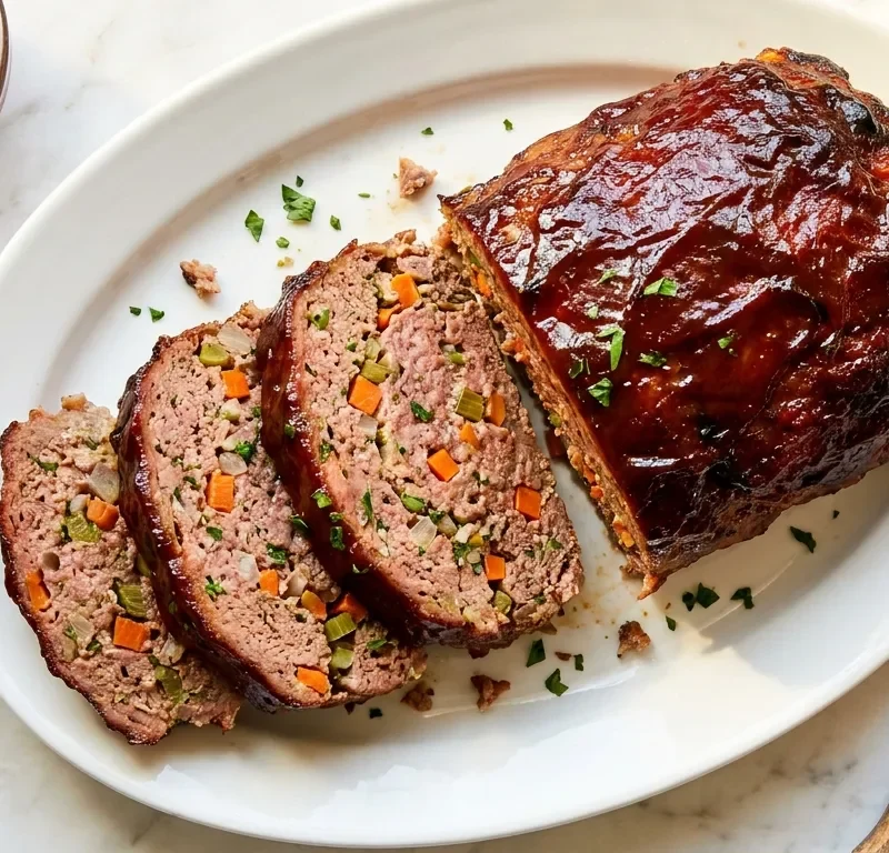 Gordon Ramsay meatloaf sliced with ketchup glaze and mirepoix vegetables