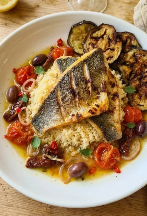 Gordon Ramsay Mediterranean sea bass with crispy skin on couscous with cherry tomatoes, olives, sundried tomatoes and crispy aubergine
