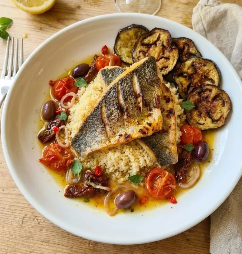 Gordon Ramsay Mediterranean sea bass with crispy skin on couscous with cherry tomatoes, olives, sundried tomatoes and crispy aubergine