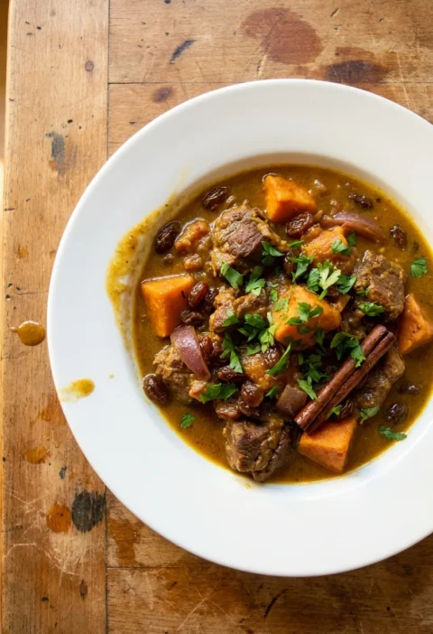 Gordon Ramsay Moroccan lamb with sweet potato raisins and cinnamon in a golden saffron sauce topped with fresh parsley in a white bowl