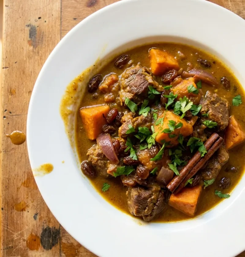Gordon Ramsay Moroccan lamb with sweet potato raisins and cinnamon in a golden saffron sauce topped with fresh parsley in a white bowl