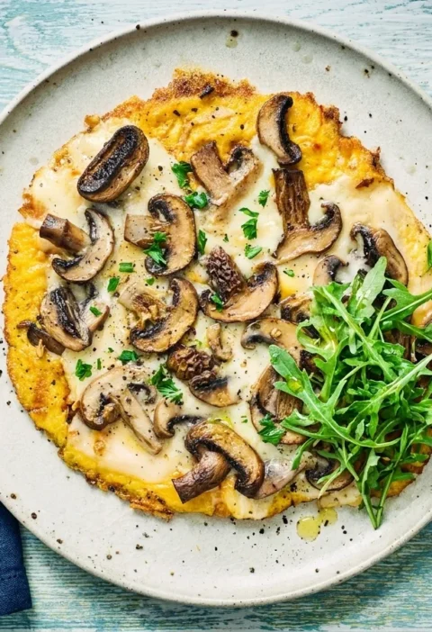 Gordon Ramsay mushroom omelette grill-finished with wild mushrooms Gruyere parsley and rocket on a speckled plate