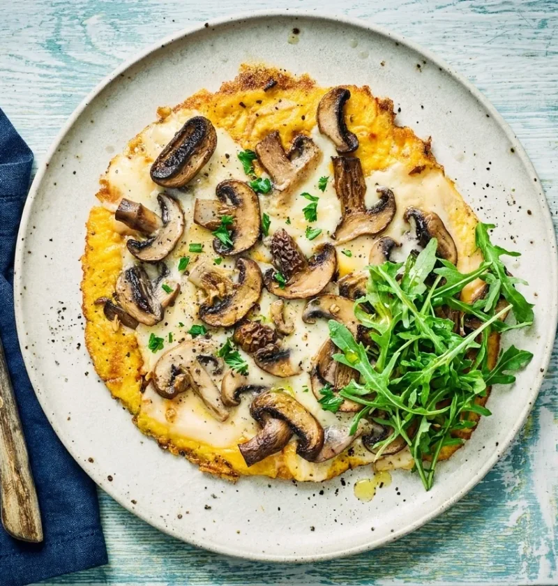 Gordon Ramsay mushroom omelette grill-finished with wild mushrooms Gruyere parsley and rocket on a speckled plate