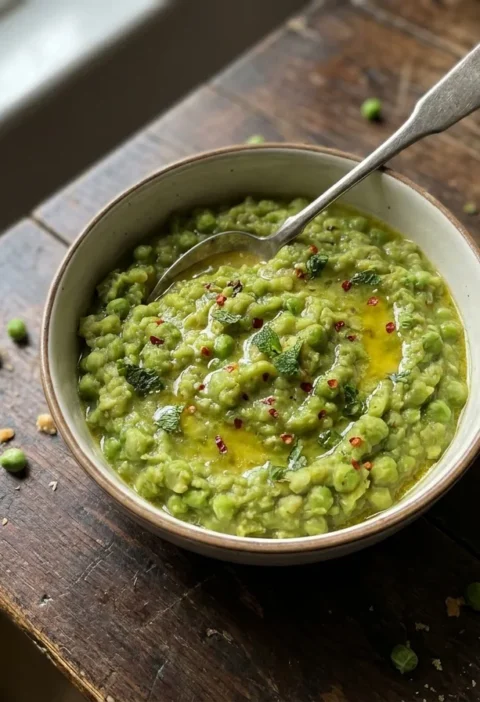 Gordon Ramsay mushy peas crushed chunky with chilli and fresh mint in a rustic bowl