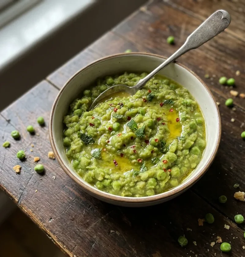 Gordon Ramsay mushy peas crushed chunky with chilli and fresh mint in a rustic bowl