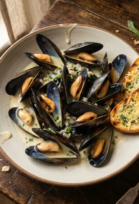Gordon Ramsay mussels, moules marinière steamed open in a creamy white wine and wild garlic sauce, served with cheesy wild garlic toasts