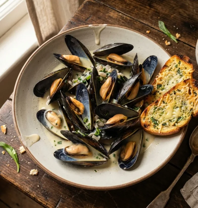 Gordon Ramsay mussels, moules marinière steamed open in a creamy white wine and wild garlic sauce, served with cheesy wild garlic toasts