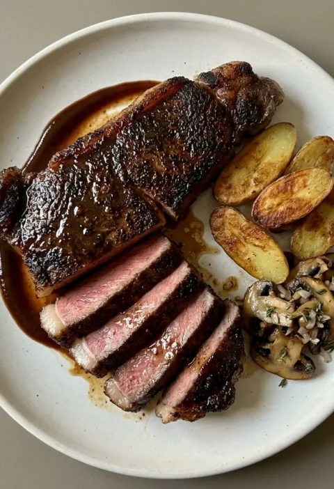 Gordon Ramsay New York strip steak sliced thick on smoky BBQ sauce with fingerling potatoes and sauteed mushrooms