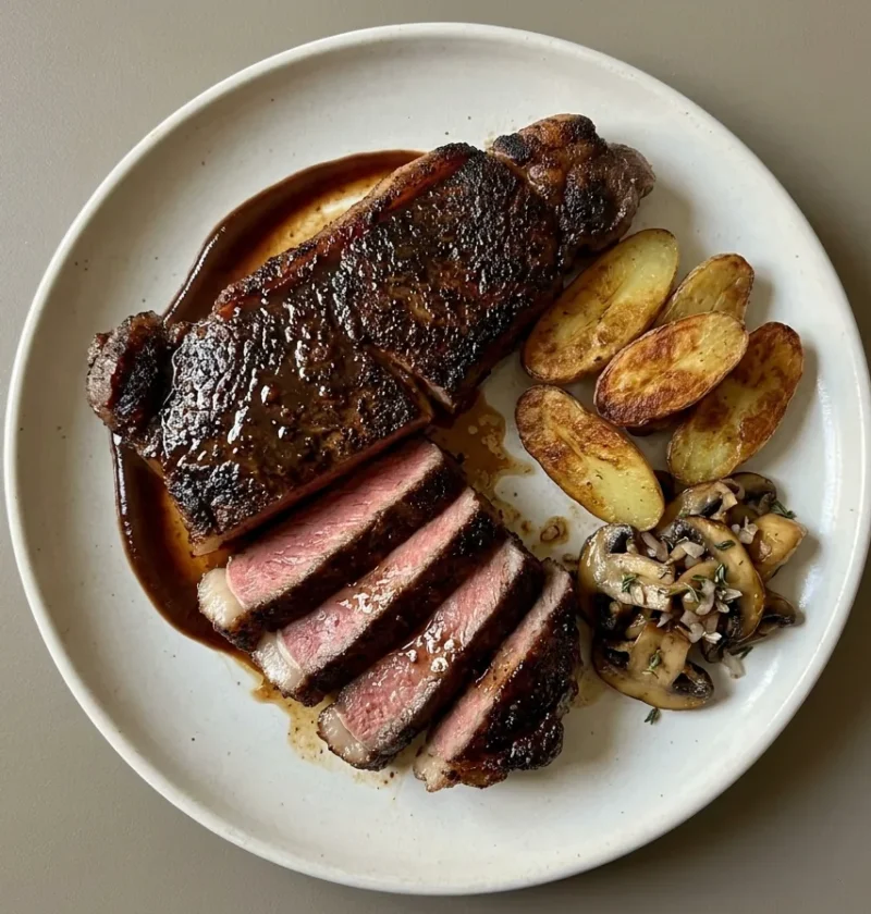 Gordon Ramsay New York strip steak sliced thick on smoky BBQ sauce with fingerling potatoes and sauteed mushrooms