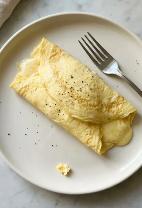 Gordon Ramsay omelette folded in thirds on a white plate with melted Gruyere and black pepper