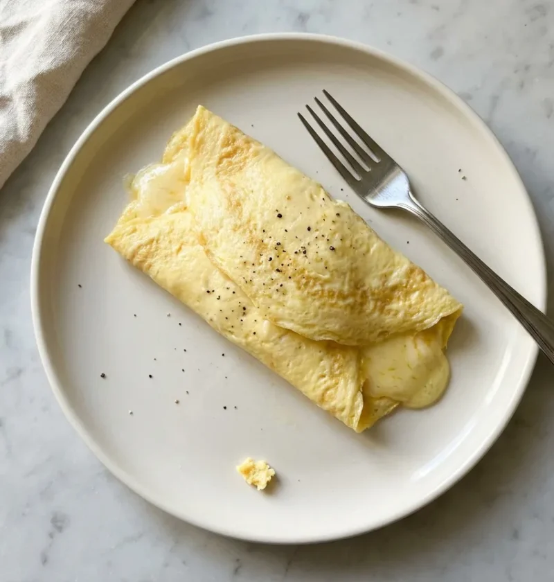 Gordon Ramsay omelette folded in thirds on a white plate with melted Gruyere and black pepper
