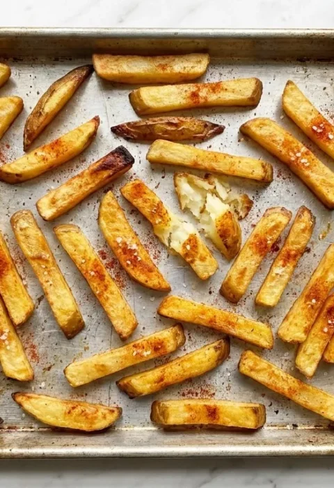 Gordon Ramsay oven chips golden paprika-tinted potato batons on a metal baking tray with coarse sea salt one split open showing fluffy interior with small bowl of ketchup