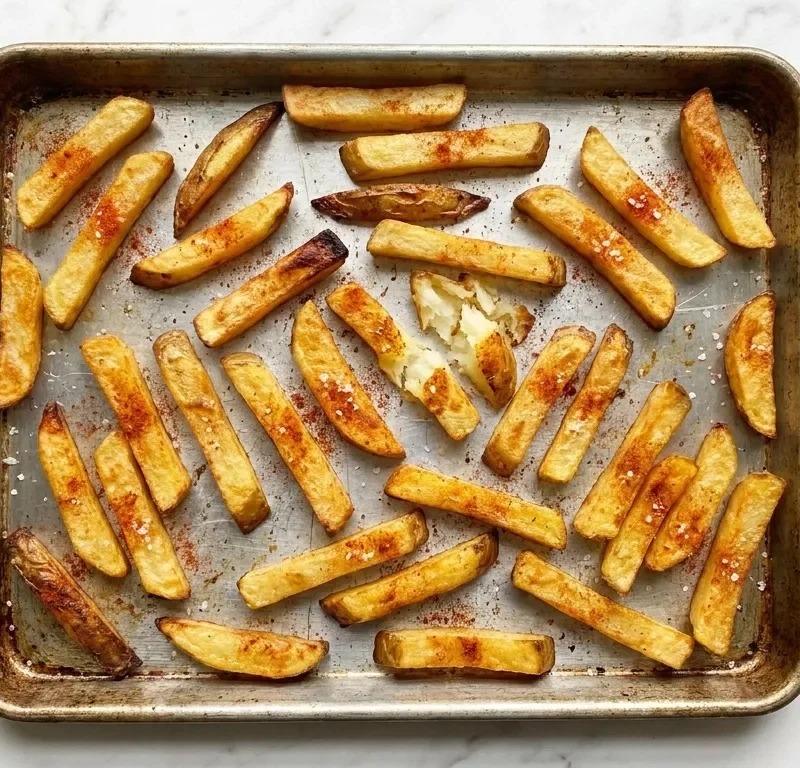 Gordon Ramsay oven chips golden paprika-tinted potato batons on a metal baking tray with coarse sea salt one split open showing fluffy interior with small bowl of ketchup