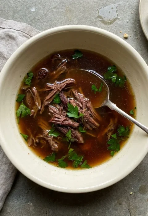 Gordon Ramsay oxtail soup, a clear deep-brown beef broth with shredded oxtail meat and parsley, served with soda bread