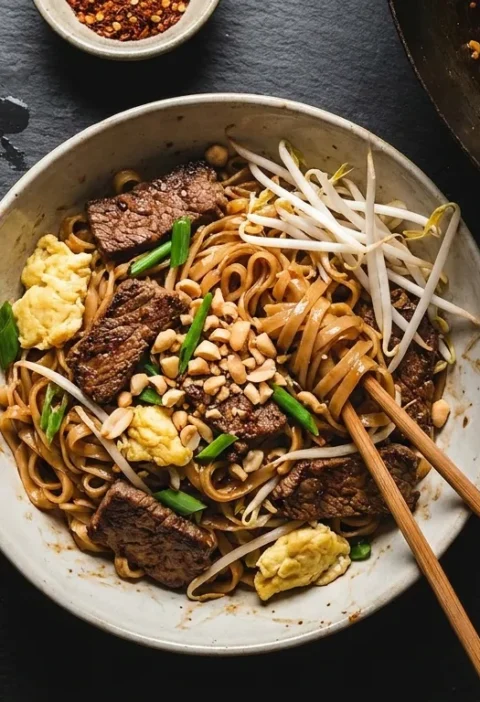 Gordon Ramsay beef pad thai with rice noodles beansprouts peanuts and lime in a shallow bowl