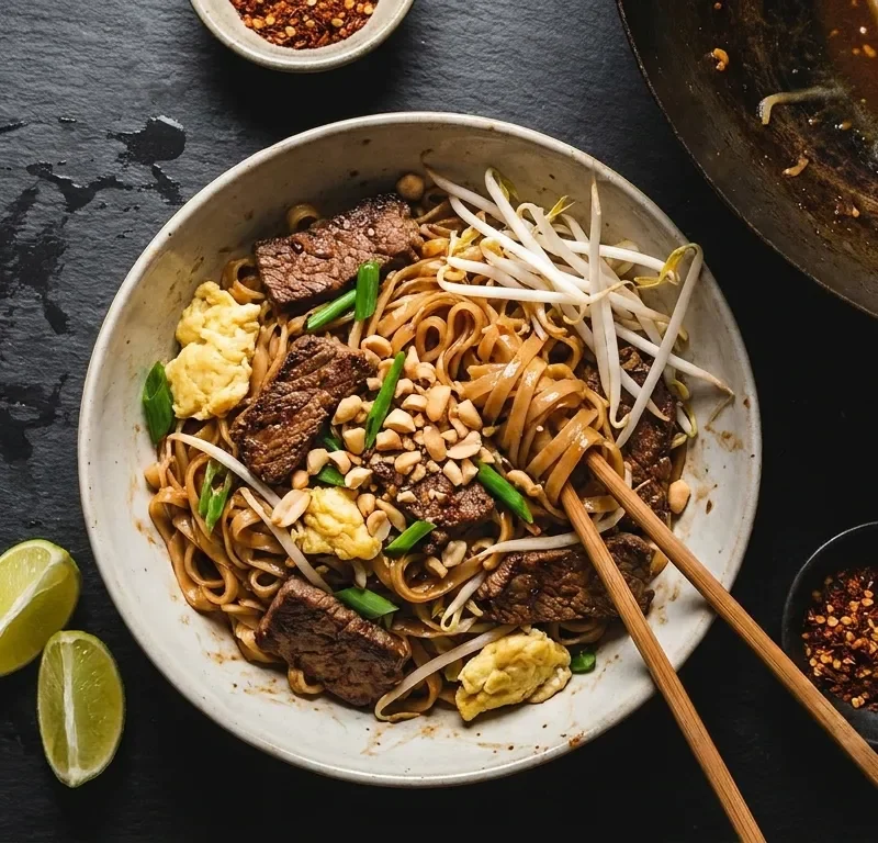 Gordon Ramsay beef pad thai with rice noodles beansprouts peanuts and lime in a shallow bowl