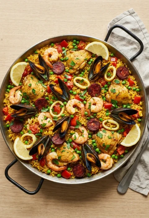 Gordon Ramsay paella with chicken chorizo prawns mussels and squid in a paella pan