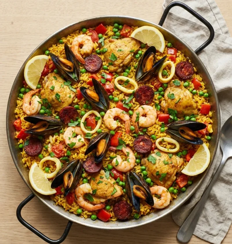 Gordon Ramsay paella with chicken chorizo prawns mussels and squid in a paella pan
