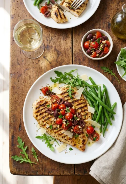 Butterflied pan fried chicken breast with griddle marks tomato olive salsa rocket and Parmesan on a white plate