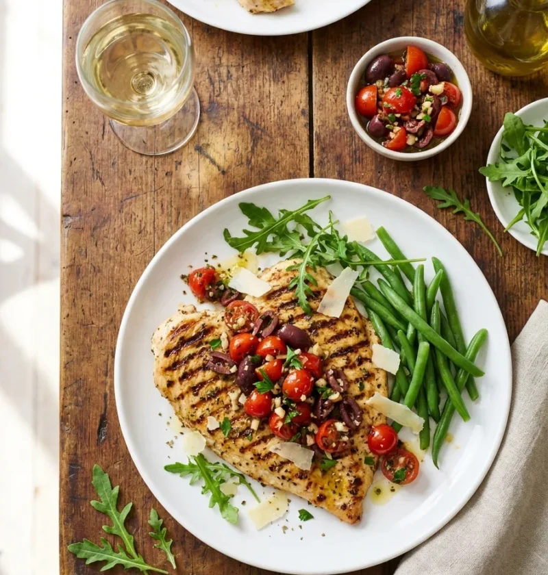 Butterflied pan fried chicken breast with griddle marks tomato olive salsa rocket and Parmesan on a white plate