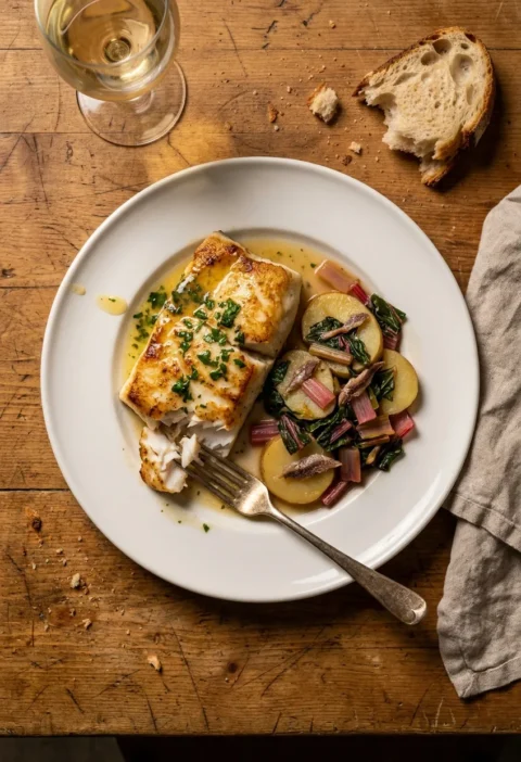 Pan seared halibut fillet with golden crust and butter emulsion sauce served with braised potatoes rainbow chard and anchovies on a white plate