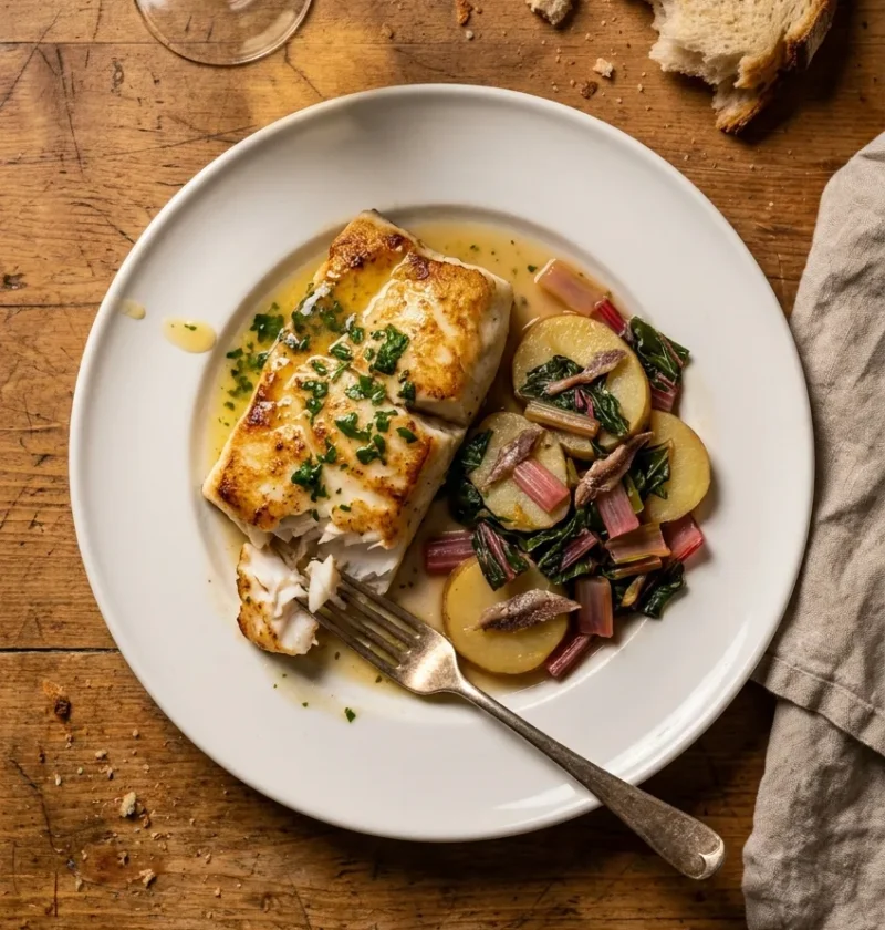 Pan seared halibut fillet with golden crust and butter emulsion sauce served with braised potatoes rainbow chard and anchovies on a white plate