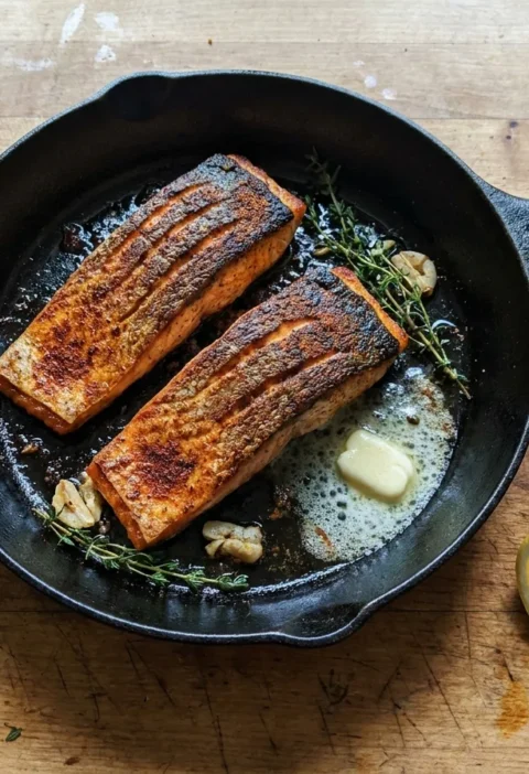 Gordon Ramsay pan seared salmon with scored crispy skin and Cajun spice in a cast iron pan with garlic, thyme and butter