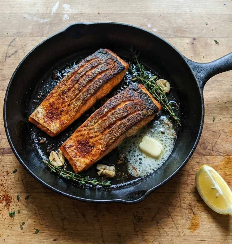 Gordon Ramsay pan seared salmon with scored crispy skin and Cajun spice in a cast iron pan with garlic, thyme and butter
