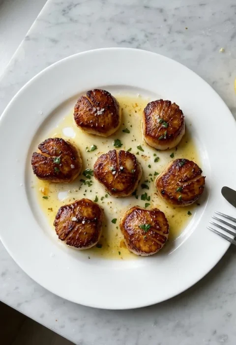 Gordon Ramsay pan-seared scallops with a golden crust on a white plate with lemon