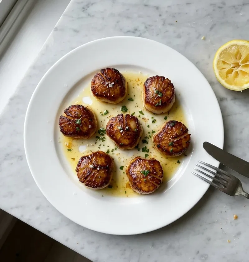 Gordon Ramsay pan-seared scallops with a golden crust on a white plate with lemon