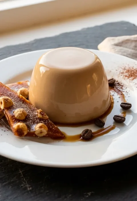 Gordon Ramsay espresso panna cotta with cinnamon hazelnut brittle shards on white plate