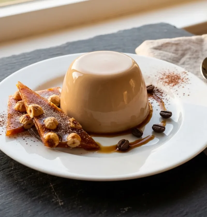 Gordon Ramsay espresso panna cotta with cinnamon hazelnut brittle shards on white plate