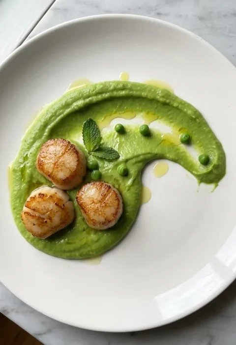 Gordon Ramsay pea puree served as a swoosh on a plate topped with seared scallops