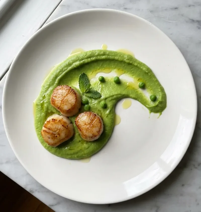 Gordon Ramsay pea puree served as a swoosh on a plate topped with seared scallops