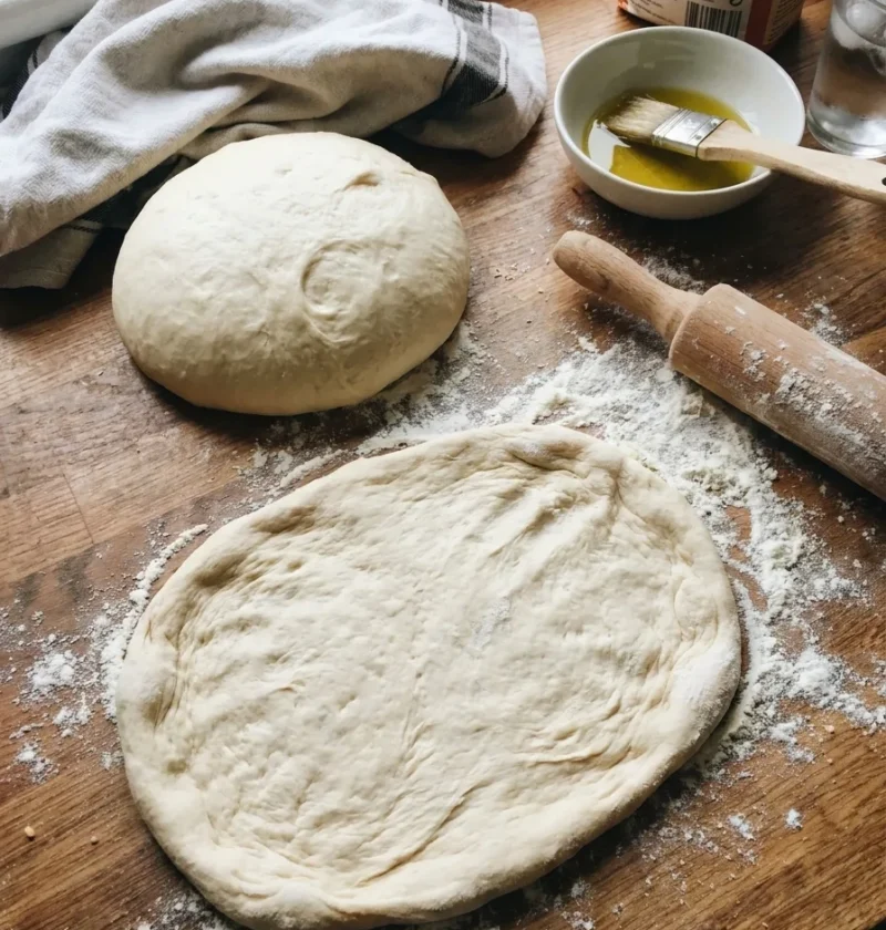 Gordon Ramsay pizza dough risen and stretched on a floured wooden worktop