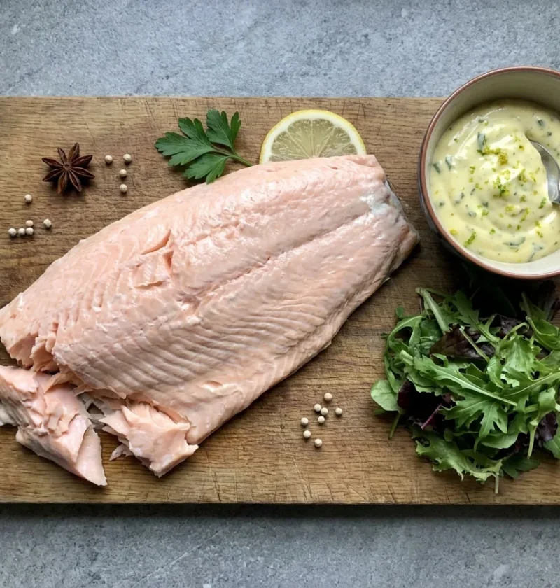 Gordon Ramsay poached side of salmon, pale and flaky, served with tarragon mayonnaise and a leafy salad