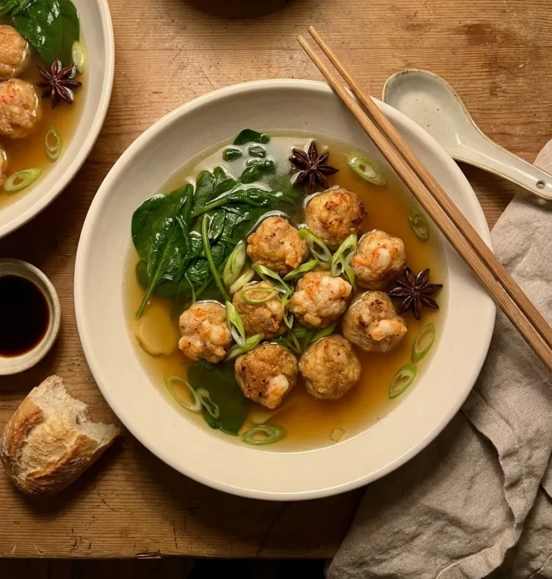 Pork and prawn meatballs in aromatic star anise broth with wilted spinach spring onion and chopsticks in a white bowl