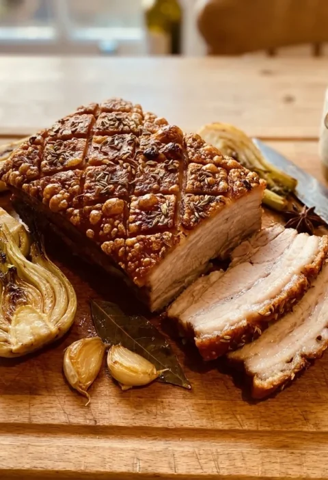 Gordon Ramsay pork belly with crispy diamond crackling fennel star anise sliced on carving board