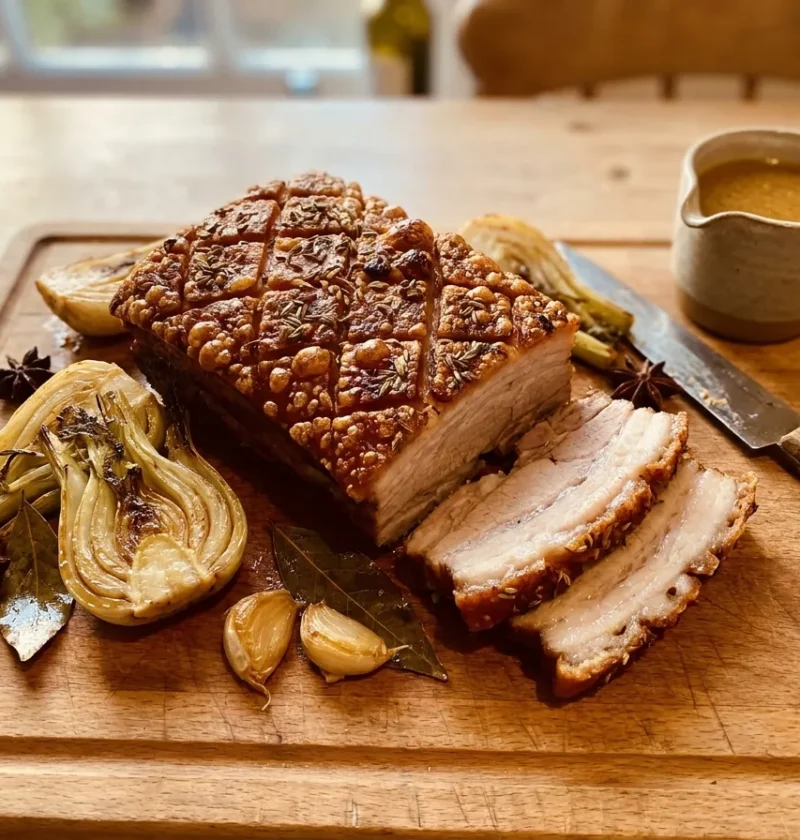 Gordon Ramsay pork belly with crispy diamond crackling fennel star anise sliced on carving board