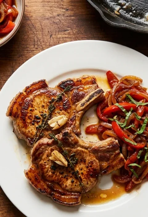Gordon Ramsay pan-seared pork chops with sweet and sour peppers on a white plate