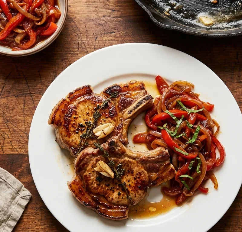Gordon Ramsay pan-seared pork chops with sweet and sour peppers on a white plate