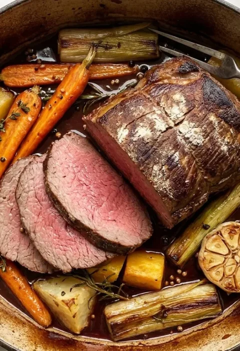 Gordon Ramsay pot roast sirloin of beef carved medium-rare with root vegetables and red wine sauce in a cast iron casserole