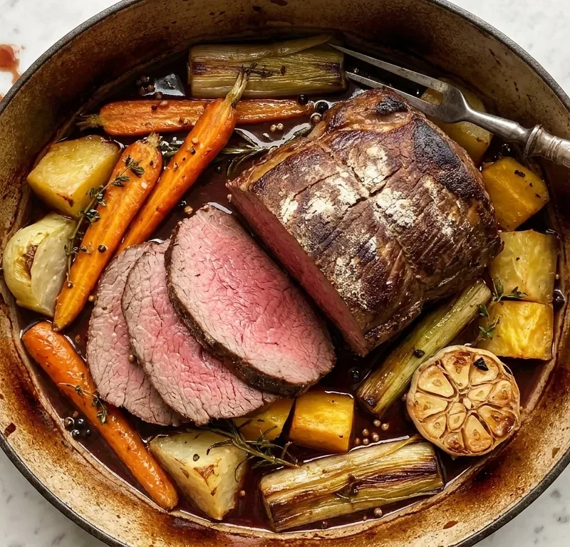Gordon Ramsay pot roast sirloin of beef carved medium-rare with root vegetables and red wine sauce in a cast iron casserole