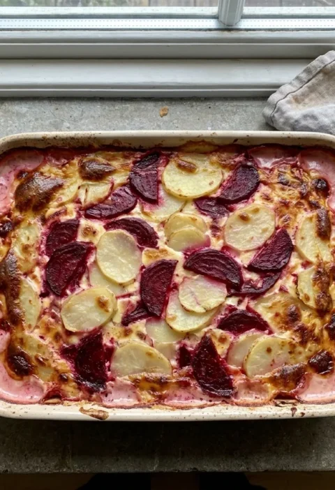 Gordon Ramsay potato and beetroot gratin, layers of potato and ruby beetroot baked in cream in a dish