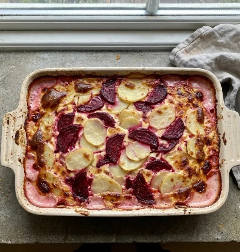 Gordon Ramsay potato and beetroot gratin, layers of potato and ruby beetroot baked in cream in a dish
