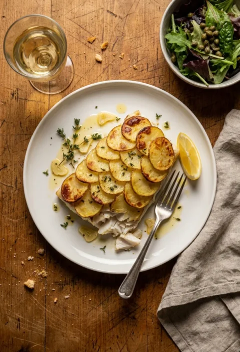 Potato crusted halibut fillet with golden overlapping potato scales on top white flaky fish visible underneath with thyme garlic citronette dressing and lemon wedge