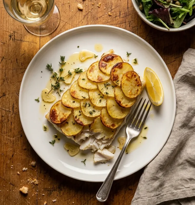 Potato crusted halibut fillet with golden overlapping potato scales on top white flaky fish visible underneath with thyme garlic citronette dressing and lemon wedge